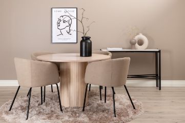 Imagine Masa de dining rotunda Bianca, White Wash Black Veneer + Scaun Berit, Material din tesatura negru-bej (poliester in lan).