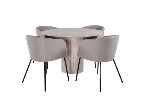 Imagine Masa de dining rotunda Bianca, White Wash Black Veneer + Scaun Berit, Material din tesatura negru-bej (poliester in lan).