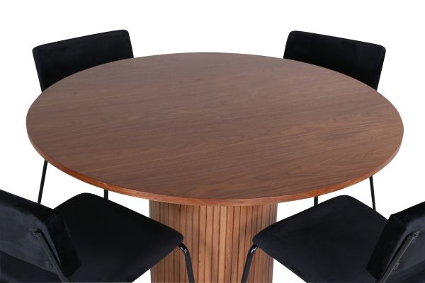 Imagine Masa de dining rotunda Bianca - Walnut / Furnir negru + Scaun Kenth - Negru / Catifea neagra_4