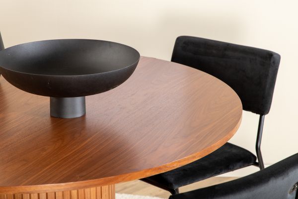 Imagine Masa de dining rotunda Bianca - Walnut / Furnir negru + Scaun Kenth - Negru / Catifea neagra_4