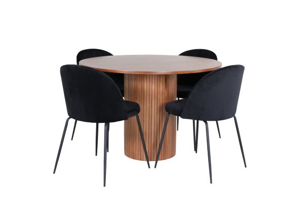 Imagine Masa de dining rotunda Bianca - Nuc / Furnir Negru + Scaun de dining Wrinkles - Picioare Negre - Catifea Neagra_4