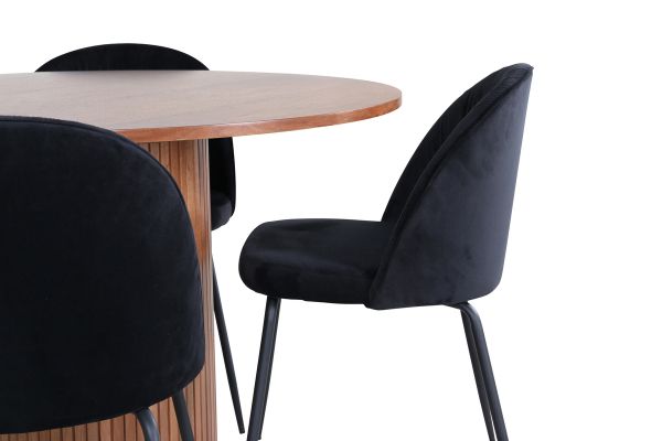 Imagine Masa de dining rotunda Bianca - Nuc / Furnir Negru + Scaun de dining Wrinkles - Picioare Negre - Catifea Neagra_4