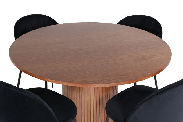 Imagine Masa de dining rotunda Bianca - Nuc / Furnir Negru + Scaun de dining Wrinkles - Picioare Negre - Catifea Neagra_4