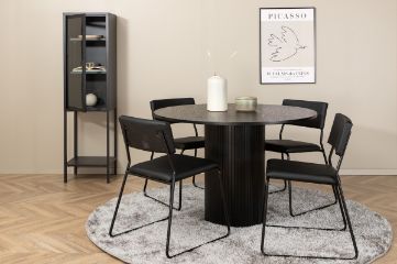 Imagine Masa de dining rotundă Bianca, furnir negru + scaun Kenth, PU negru, set de 4