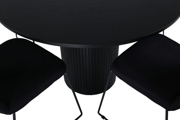 Imagine Masa de dining rotunda Bianca, Furnir negru + Scaun de dining Muce, Picioare negre, Material textil negru_4