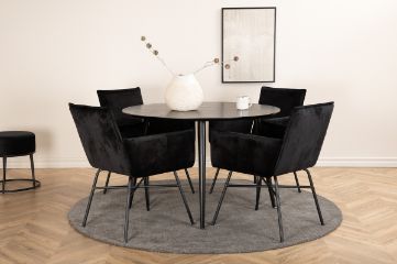 Imagine Tabel de dining Dipp - 115cm - Furnir negru / Toate picioarele negre + Scaun Petra - Negru / Catifea neagra_4