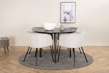 Imagine Masa de dining Dipp - 115cm - Furnir negru / Picioare complet negre + Scaun Berit - Negru / Catifea Gri deschis_4