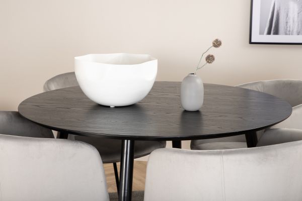 Imagine Masa de dining Dipp - 115cm - Furnir negru / Picioare complet negre + Scaun Berit - Negru / Catifea Gri deschis_4