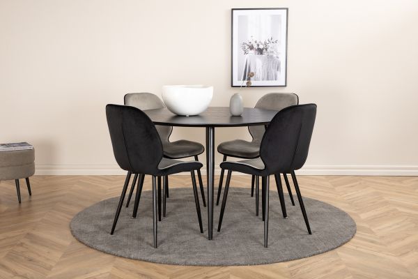 Imagine Masa de dining Dipp - 115 cm - Furnir negru / Picioare complet negre + Scaun Emma - Negru / Catifea neagra si gri deschis in spate Catifea gri in fata_4