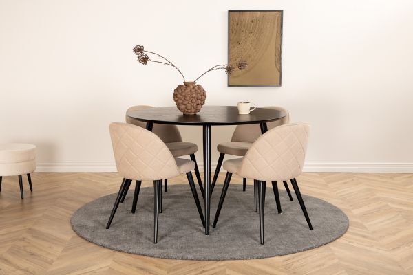 Imagine Masa de dining Dipp - 115cm - Furnir negru / Picioare complet negre + Scaun cu cusături de catifea - Negru / Material de catifea bej (Lenjerie de poliester)_4