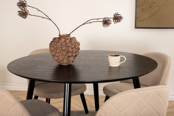 Imagine Masa de dining Dipp - 115cm - Furnir negru / Picioare complet negre + Scaun cu cusături de catifea - Negru / Material de catifea bej (Lenjerie de poliester)_4