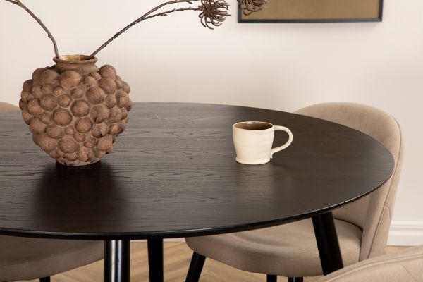 Imagine Masa de dining Dipp - 115cm - Furnir negru / Picioare complet negre + Scaun cu cusături de catifea - Negru / Material de catifea bej (Lenjerie de poliester)_4