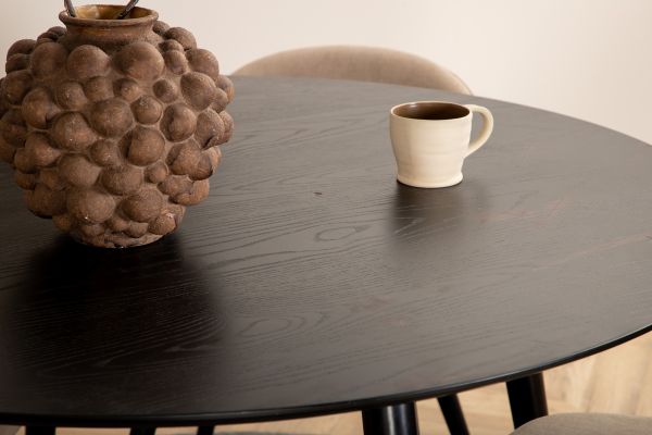 Imagine Masa de dining Dipp - 115cm - Furnir negru / Picioare complet negre + Scaun cu cusături de catifea - Negru / Material de catifea bej (Lenjerie de poliester)_4