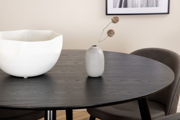 Imagine Masa de dining Dipp - 115cm - Furnir negru / picioare complet negre + Scaun cu cusături de catifea - Negru / Microfibră gri_4