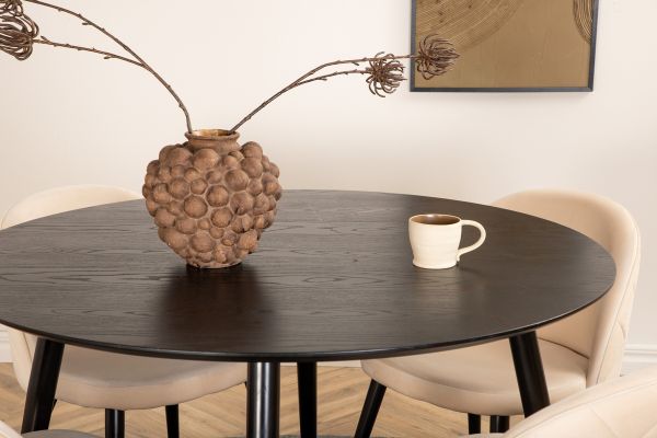 Imagine Masa de dining Dipp - 115cm - Furnir negru / Toate picioarele negre + Scaun Velvet Stitches - Negru / Bej Velvet_4