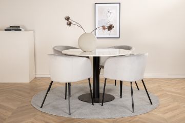 Imagine Masa de dining rotundă Estelle ø106 H75 - Alb / Negru + Scaun Berit - Negru / Velvet Gri Deschis_4