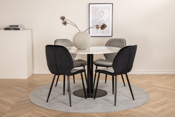 Imagine Masa de dining rotunda Estelle ø106 H75 - Alb / Negru + Scaun Emma - Negru / Negru și Gri Deschis Catifea în spate Catifea gri în față_4