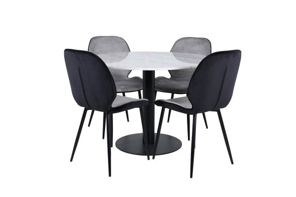 Imagine Masa de dining rotunda Estelle ø106 H75 - Alb / Negru + Scaun Emma - Negru / Negru și Gri Deschis Catifea în spate Catifea gri în față_4