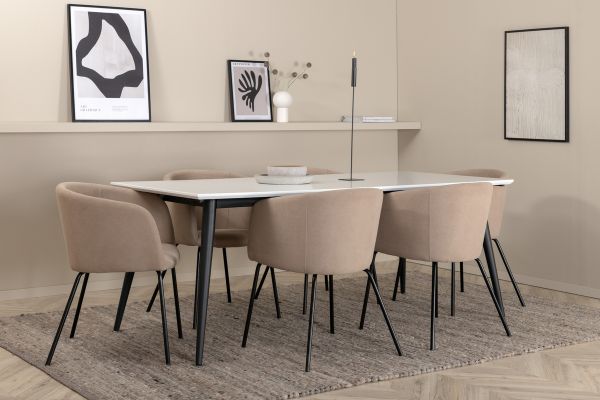 Imagine Masa de dining Jimmy - Negru / Alb HPL + Scaun Berit - Negru / Material textil Bej (Poliester / in) _ 6