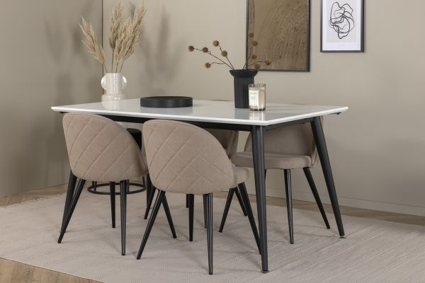 Imagine Masa de dining Jimmy - Negru / Alb HPL+Picioare de metal negre / Scaun de material de catifea cu cusaturi - Negru / Bej din material din poliester (linen)