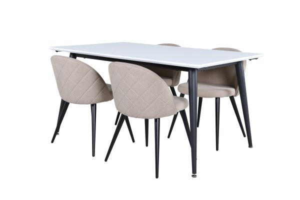 Imagine Masa de dining Jimmy - Negru / Alb HPL+Picioare de metal negre / Scaun de material de catifea cu cusaturi - Negru / Bej din material din poliester (linen)