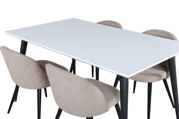 Imagine Masa de dining Jimmy - Negru / Alb HPL+Picioare de metal negre / Scaun de material de catifea cu cusaturi - Negru / Bej din material din poliester (linen)