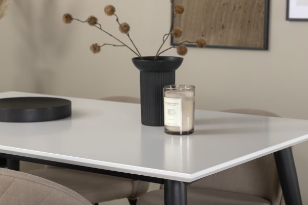 Imagine Masa de dining Jimmy - Negru / Alb HPL+Picioare de metal negre / Scaun de material de catifea cu cusaturi - Negru / Bej din material din poliester (linen)