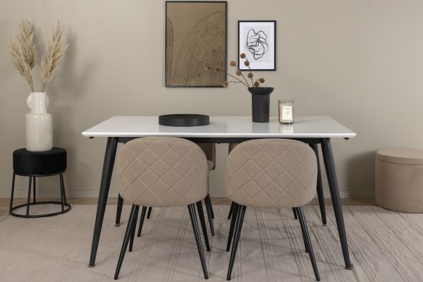 Imagine Masa de dining Jimmy - Negru / Alb HPL+Picioare de metal negre / Scaun de material de catifea cu cusaturi - Negru / Bej din material din poliester (linen)