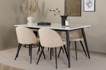 Imagine Masa de dining Jimmy - Negru / Alb HPL + Scaune de dining cu cusături din catifea - Negru / Bej Velvet_4