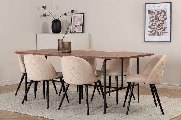 Imagine Masa de dining Uno - Negru / Furnir de Nuc + Scaun cu Stitches din Catifea - Negru / Bej din Catifea_6