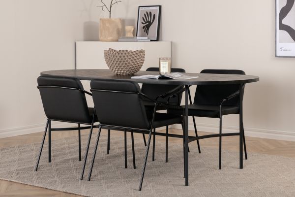 Imagine Masa de dining ovala Skate - Negru / Furnir negru + Scaun Tvist - Negru / Piele neagra_4