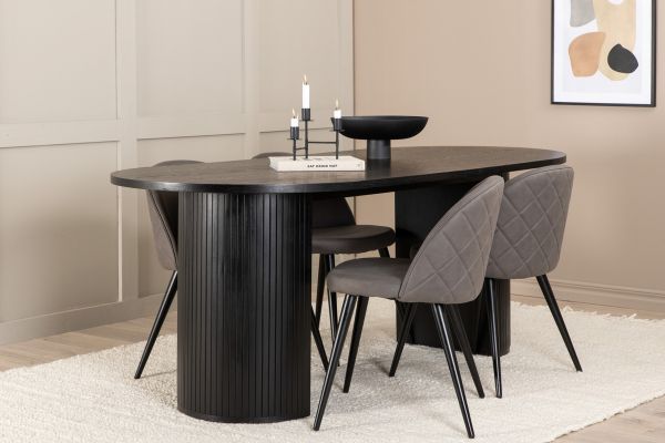 Imagine Bianca Oval Dining Table - Black / Black Veneer+Velvet Stitches Chair - Black / Grey Micro Fibre_4