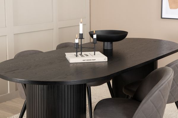 Imagine Bianca Oval Dining Table - Black / Black Veneer+Velvet Stitches Chair - Black / Grey Micro Fibre_4