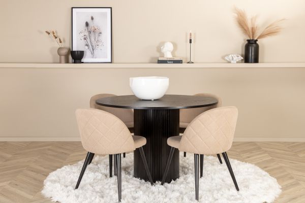 Imagine Bianca Round Dining Table - Black / Black Veneer+Velvet Stitches Chair - Black / Beige Fabric (Polyester linen )_4