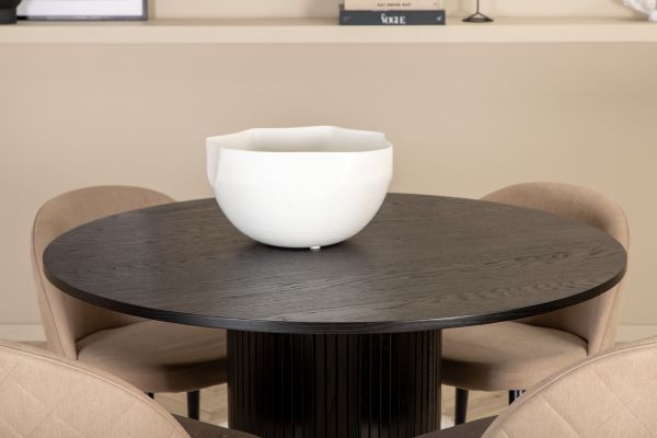 Imagine Bianca Round Dining Table - Black / Black Veneer+Velvet Stitches Chair - Black / Beige Fabric (Polyester linen )_4