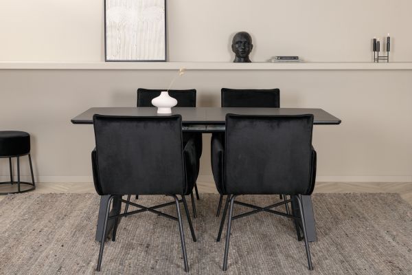 Imagine Inca Extentiontable - Black top / black Legs +Pippi Chair - Black / Black Velvet _4