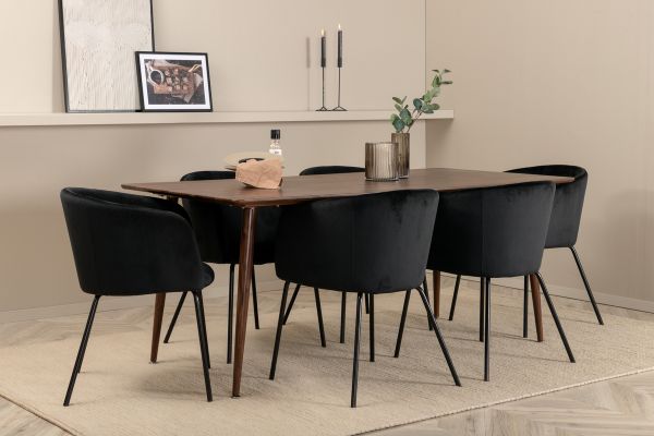 Imagine Masa de dining Polar de 180 cm - Blat de nuc - Picioare de nuc + Scaun Berit - Negru / Catifea neagra _6