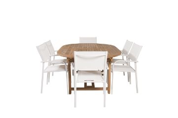 Imagine Masa de dining ovală Kenya 180/240*120*H75 -Teak - Înlocuiește 9525-444 + Scaun cu brațe Santorini (Empilabil) - Aluminiu alb / Textilene alb _6