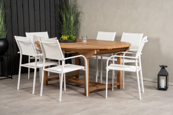 Imagine Masa de dining ovală Kenya 180/240*120*H75 -Teak - Înlocuiește 9525-444 + Scaun cu brațe Santorini (Empilabil) - Aluminiu alb / Textilene alb _6