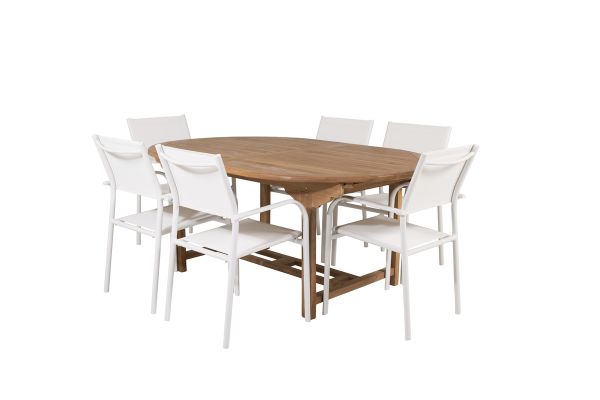 Imagine Masa de dining ovală Kenya 180/240*120*H75 -Teak - Înlocuiește 9525-444 + Scaun cu brațe Santorini (Empilabil) - Aluminiu alb / Textilene alb _6