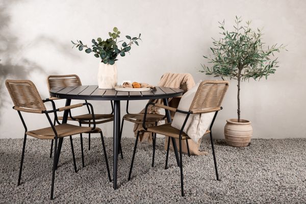 Imagine Rupere - Masă de dining rotundă - Negru / Negru - Alu / Aintwood - 120ø _1+ Lindos - Scaun cu brațe - Negru Alu / Șnur Latte _4