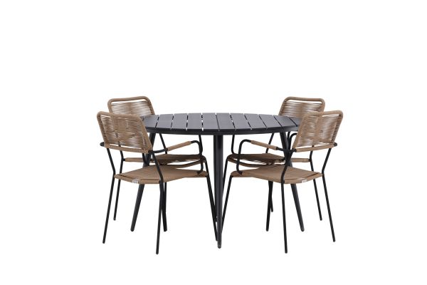 Imagine Rupere - Masă de dining rotundă - Negru / Negru - Alu / Aintwood - 120ø _1+ Lindos - Scaun cu brațe - Negru Alu / Șnur Latte _4