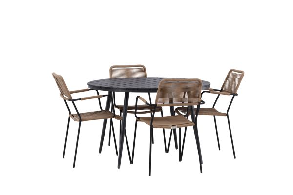 Imagine Rupere - Masă de dining rotundă - Negru / Negru - Alu / Aintwood - 120ø _1+ Lindos - Scaun cu brațe - Negru Alu / Șnur Latte _4