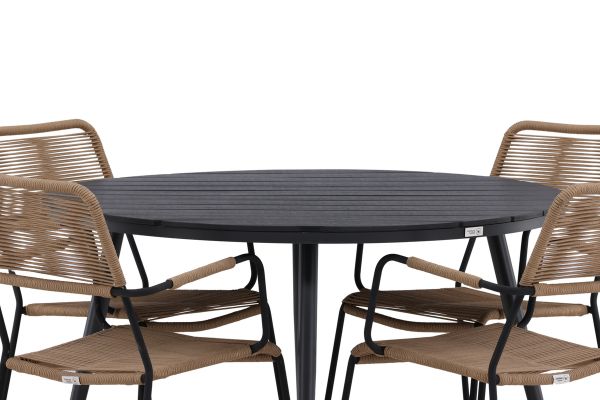 Imagine Rupere - Masă de dining rotundă - Negru / Negru - Alu / Aintwood - 120ø _1+ Lindos - Scaun cu brațe - Negru Alu / Șnur Latte _4