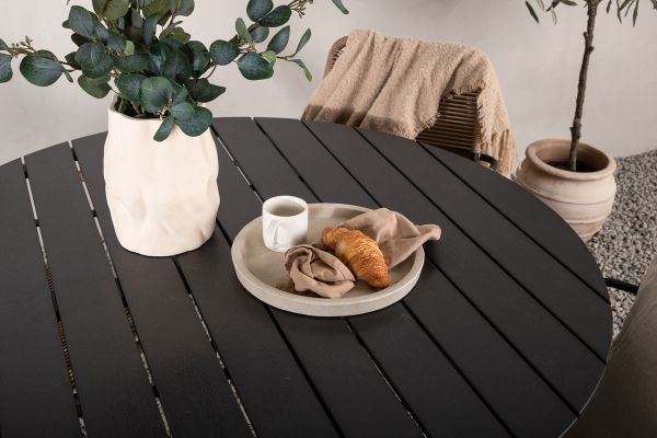 Imagine Rupere - Masă de dining rotundă - Negru / Negru - Alu / Aintwood - 120ø _1+ Lindos - Scaun cu brațe - Negru Alu / Șnur Latte _4