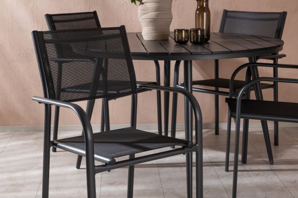 Imagine Masa de dining rotunda Break - Negru / Negru - Alu / Aintwood - 120ø _1+ Scaun Santorini cu Brate (Empilabil) - Alu Negru / Textilene Negru _4