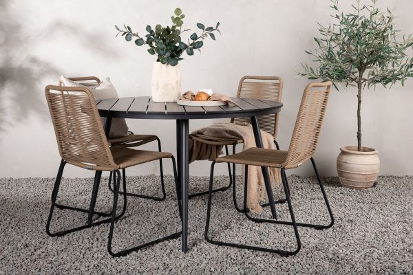 Imagine Traduceți complet: Masă de dining rotundă - Negru / Negru - Alu / Aintwood - 120ø _1+ Scaun empilabil Lindos - Negru Alu / Frânghie Latte _4