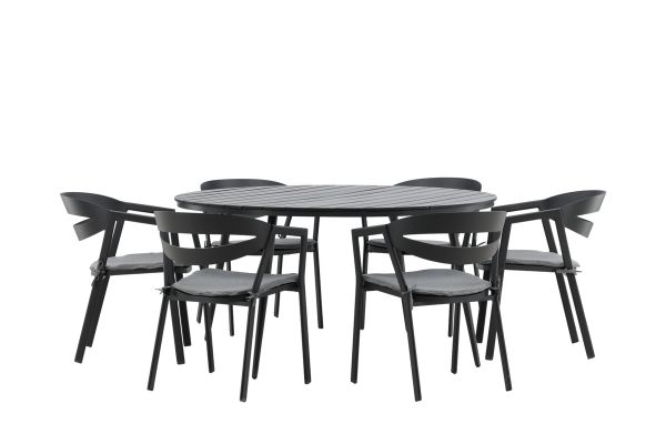 Imagine Traduceți complet: Masă de dining rotundă neagră / neagră - Alu / Aintwood - 150ø _1+ Scaun de dining cu fante - Negru / Gri - Aluminiu - _6