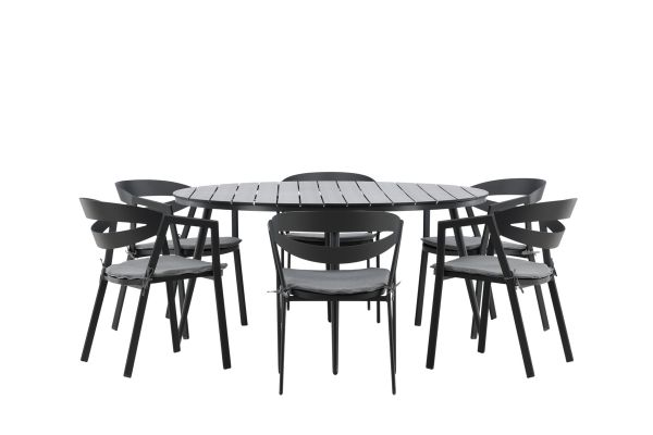 Imagine Traduceți complet: Masă de dining rotundă neagră / neagră - Alu / Aintwood - 150ø _1+ Scaun de dining cu fante - Negru / Gri - Aluminiu - _6