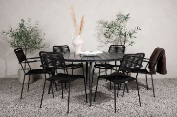 Imagine Masa de dining Break - Rotunda - Negru/Negru - Aluminiu/Aintwood - 150ø_1+ Scaun Lindos Armchair - Negru Alu/Negru Cord - 6